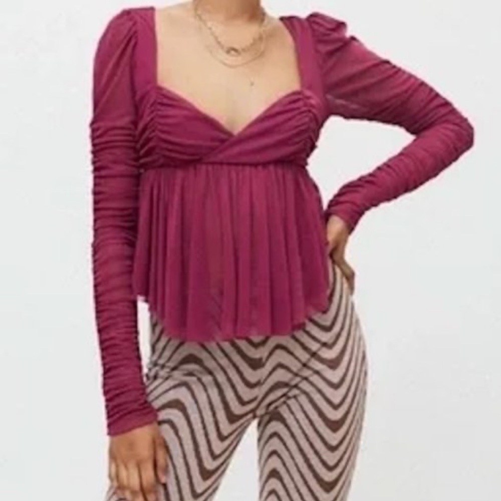 Urban Outfitters carry me away burgundy Ruched Long Sleeve Top